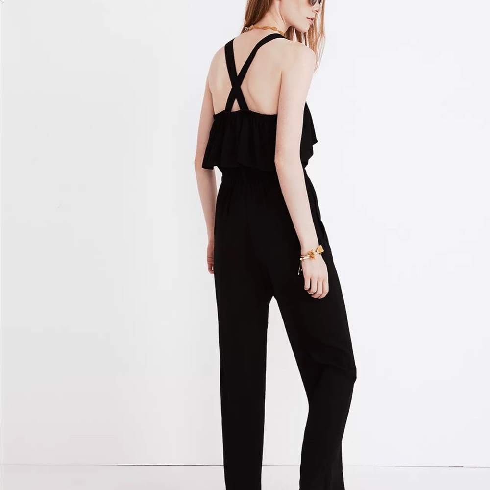 MADEWELL strappy apron ruffle jumpsuit in black, size L